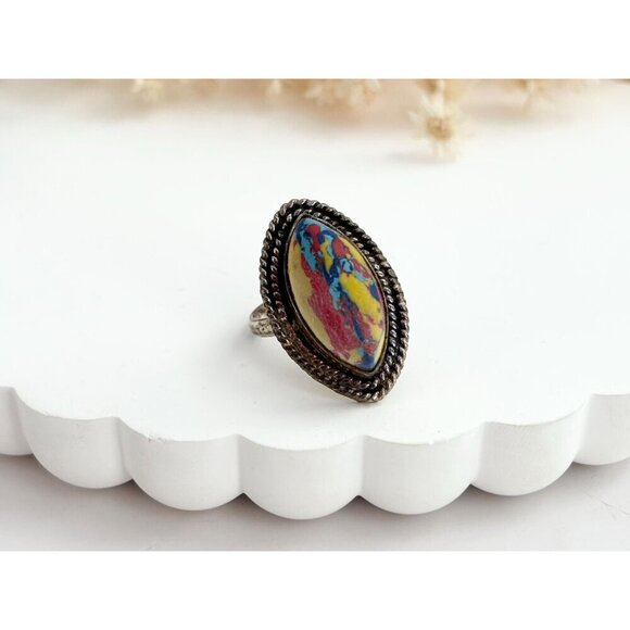Rainbow Mosaic Jasper Stone Sterling Silver Vintage Southwest Ring - sz 5.75 - Picture 9 of 10